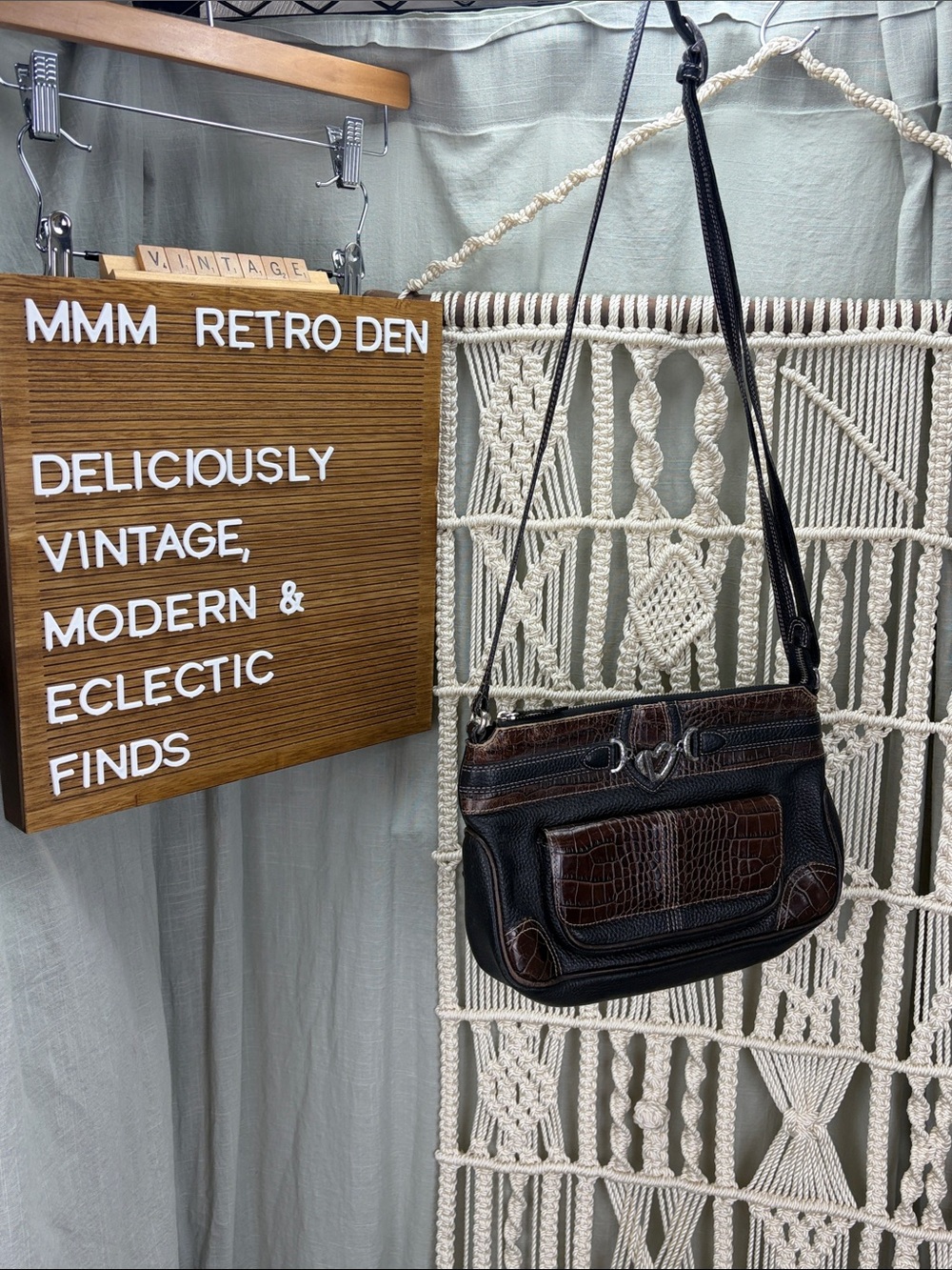 Vintage Brighton Black with Brown Croc-Embossed Leather Crossbody